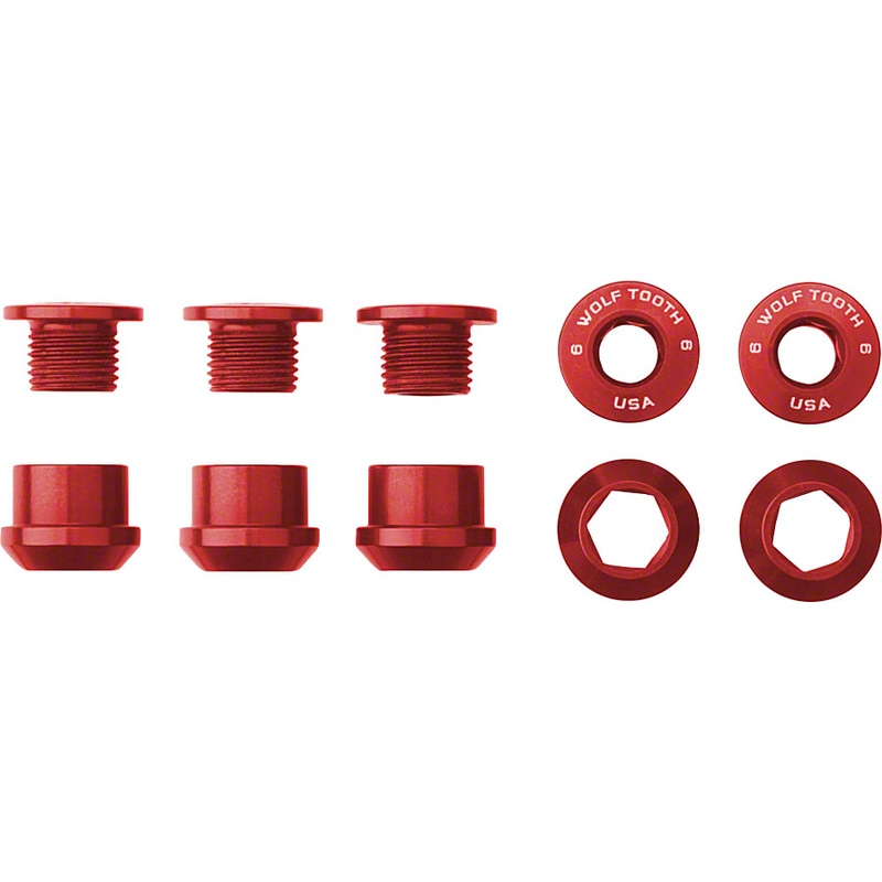Wolf Tooth 1x Chainring Bolt Set – 6mm, Dual Hex Fittings, Set/5, Red