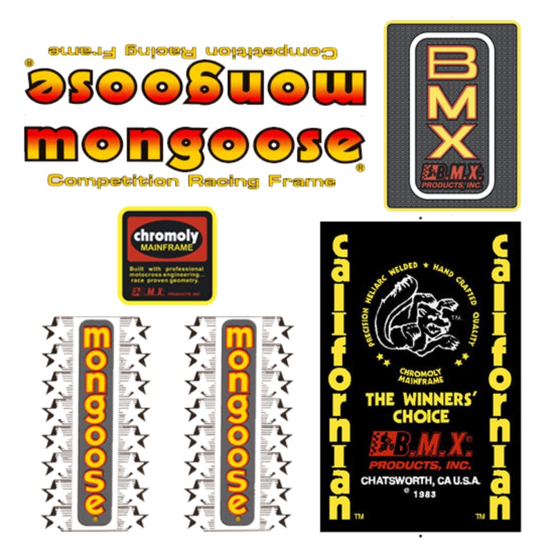1983 Mongoose Californian Decal Set Yellow Printed on Clear