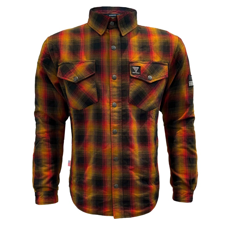 Protective Flannel Shirt For Men – Flame Orange Black Red Plaid with Pads XXS Orange Black Red