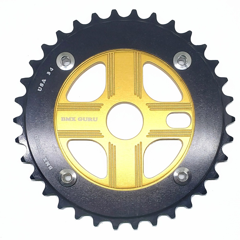 BMXGuru 34T Aluminum Spider & 4-bolt Chainring Combo – Black over Gold – USA Made