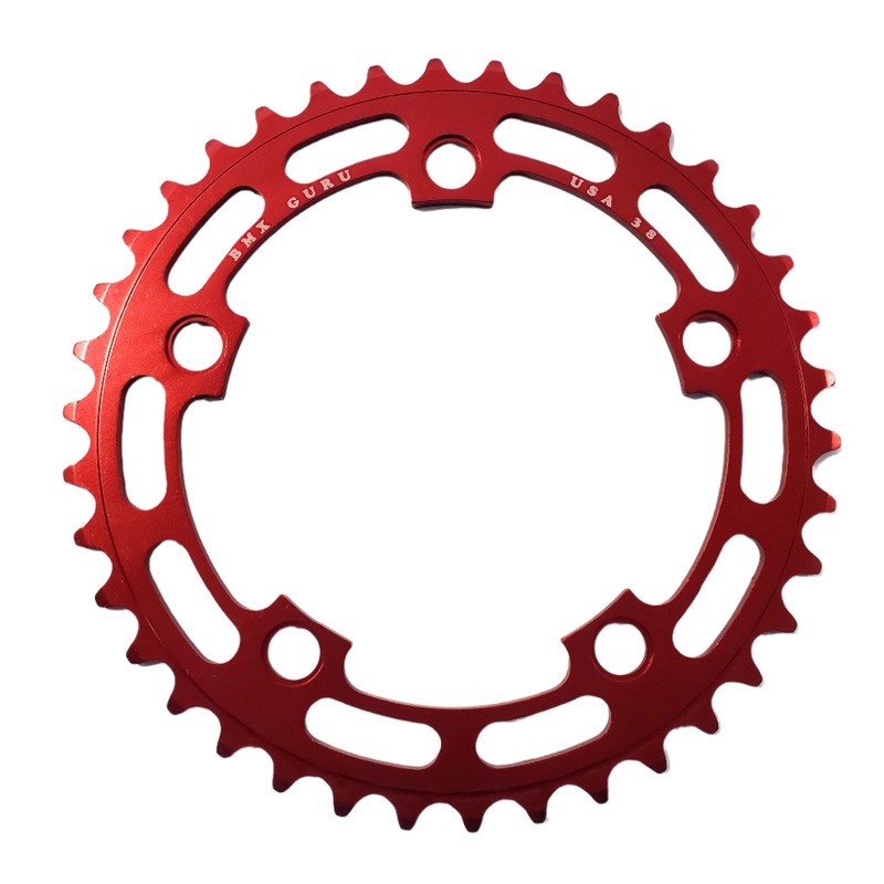 BMXGuru 38t BMX Chainring – Red – 110mm 5-bolt – USA Made