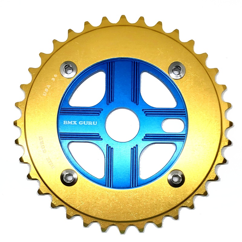 BMXGuru 36T Aluminum Spider & 4-bolt Chainring Combo – Gold over Blue – USA Made