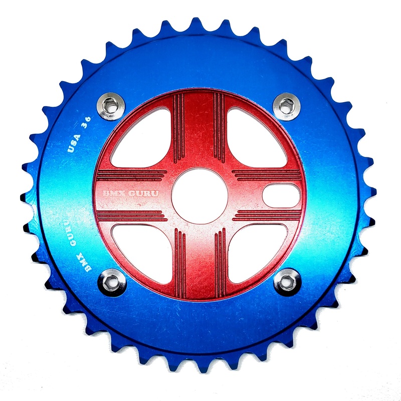 BMXGuru 36T Aluminum Spider & 4-bolt Chainring Combo – Blue over Red – USA Made