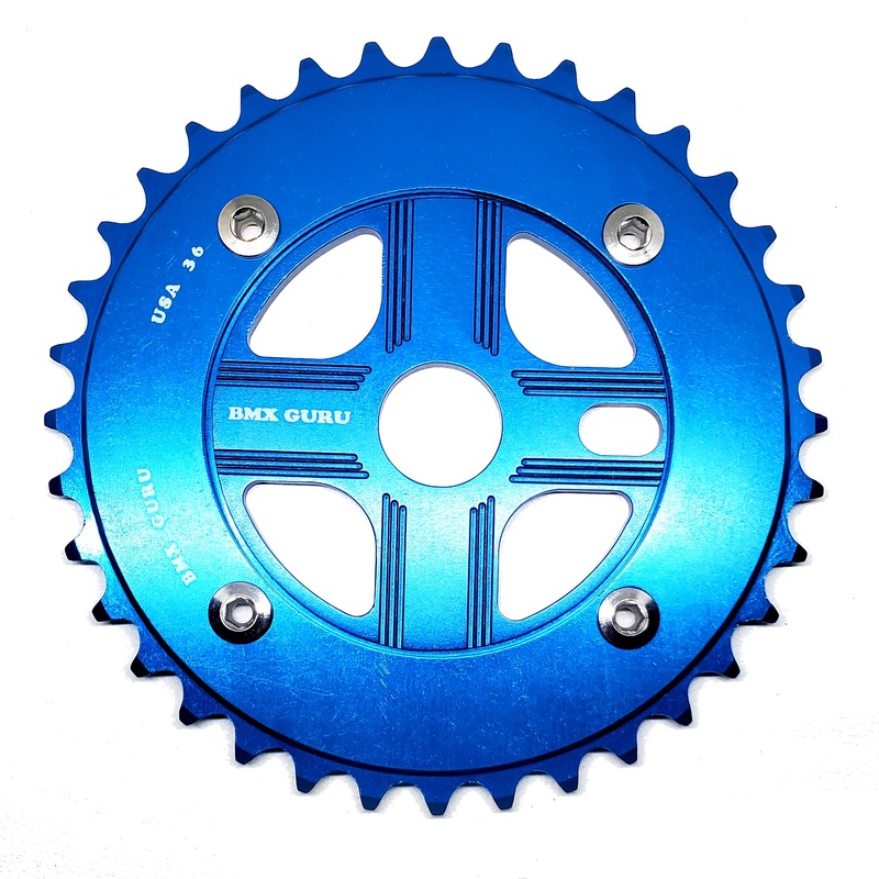 BMXGuru 36T Aluminum Spider & 4-bolt Chainring Combo – Blue over Blue – USA Made