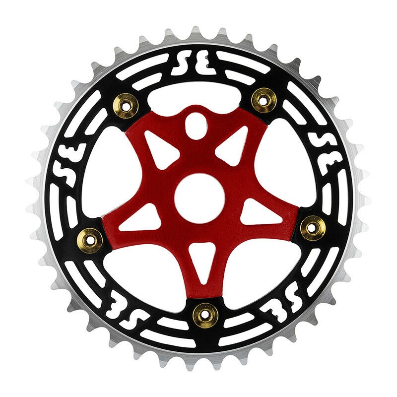 SE Racing BMX 39T Aluminum Spider & 5-bolt Chainring Combo – Black over Red w/ Gold bolts