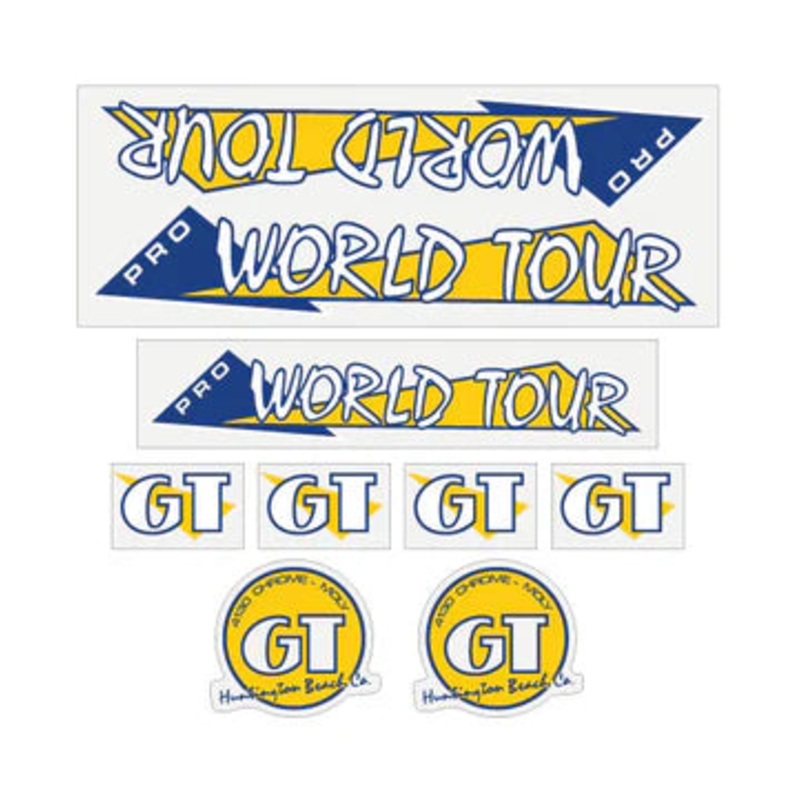 1986 GT BMX PRO World Tour Decal Set Yellow / Blue with Clear Background