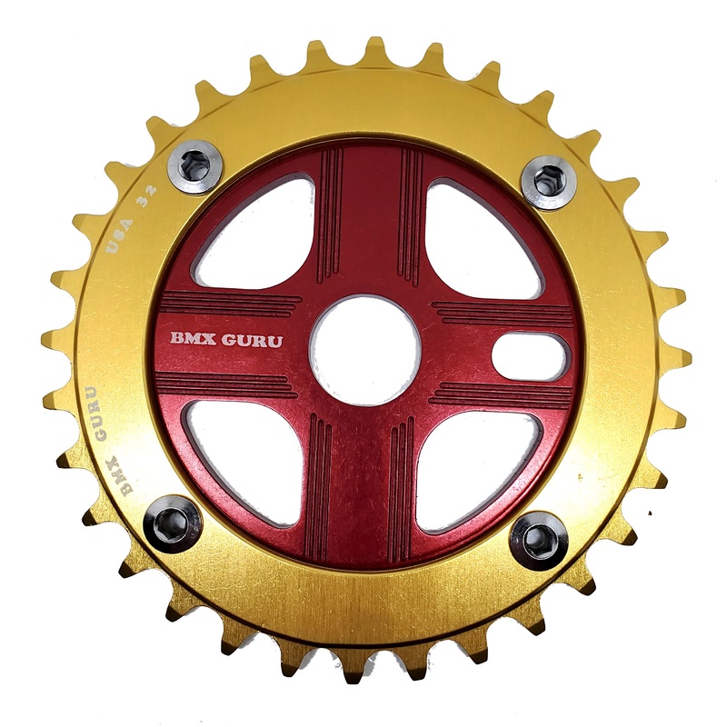 BMXGuru 32T Aluminum Spider & 4-bolt Chainring Combo – Gold over Red – USA Made