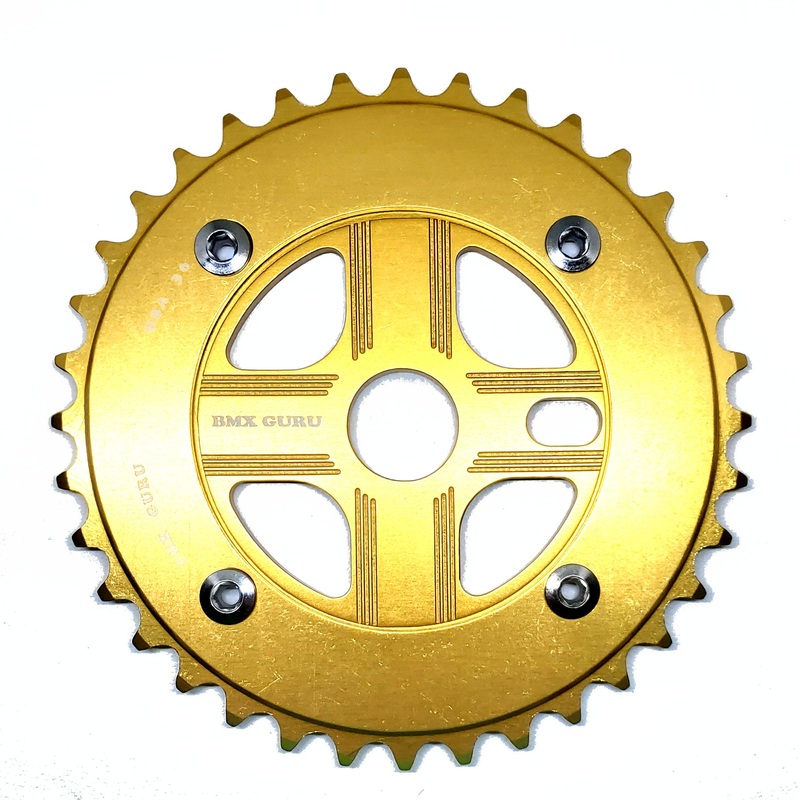 BMXGuru 36T Aluminum Spider & 4-bolt Chainring Combo – Gold over Gold – USA Made