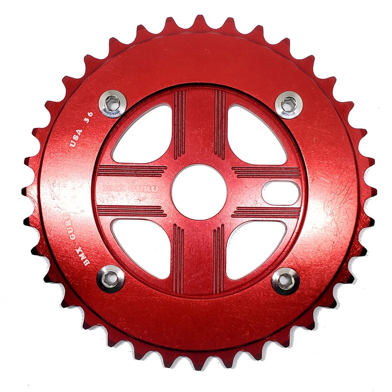 BMXGuru 36T Aluminum Spider & 4-bolt Chainring Combo – Red over Red – USA Made