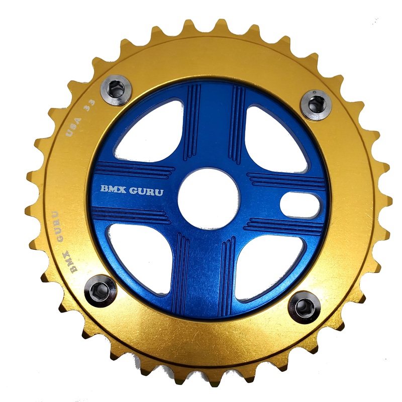 BMXGuru 33T Aluminum Spider & 4-bolt Chainring Combo – Gold over Blue – USA Made